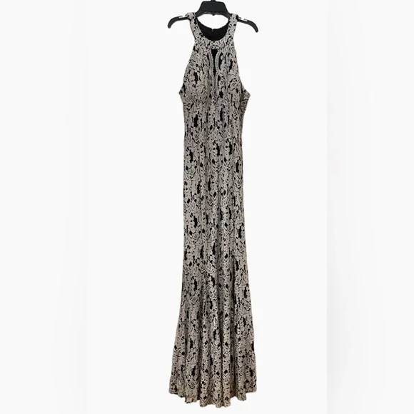 Nightway Lace Keyhole Mermaid Halter Gown - White/Black Nightway Lace Keyhole Mermaid Halter Gown - White/Black